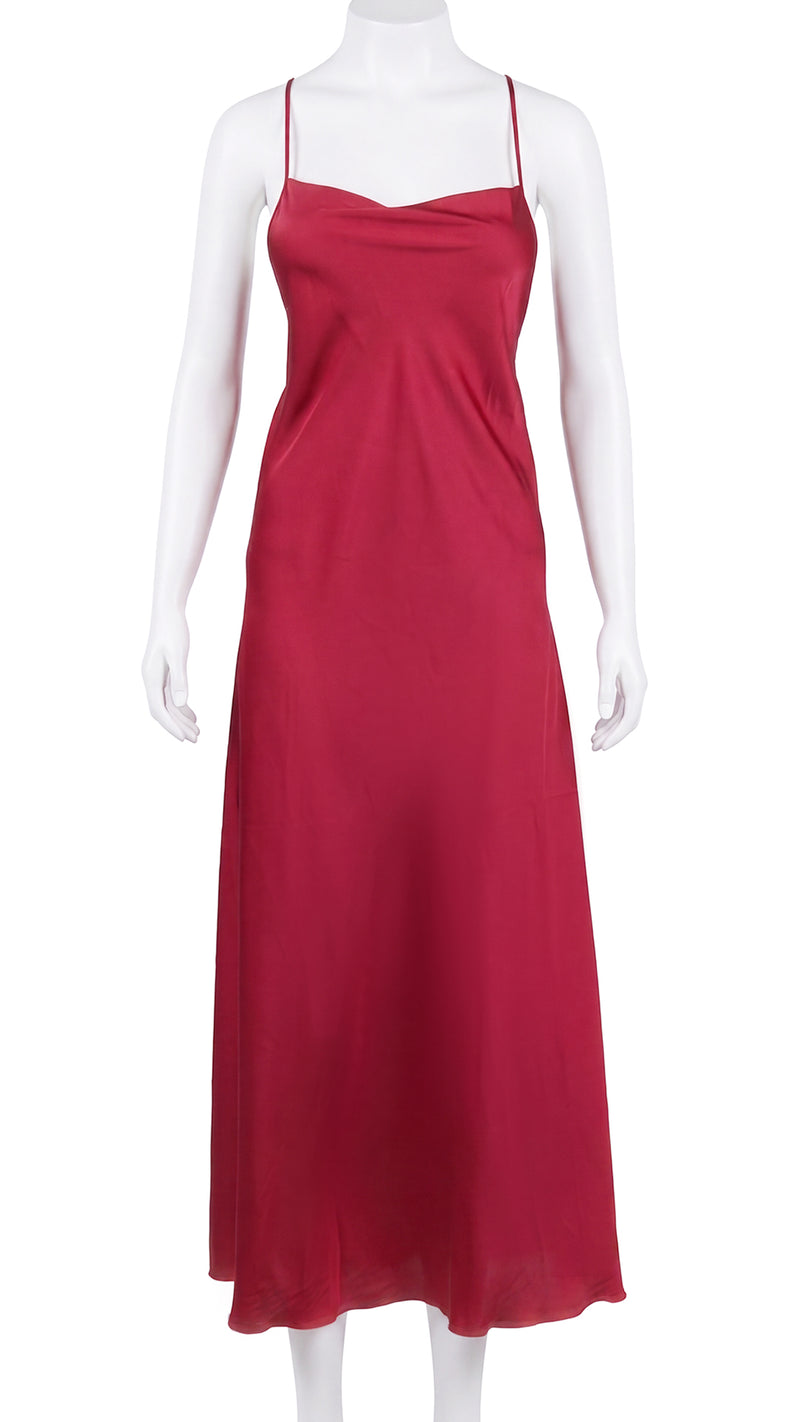 Mannequin display of maroon satin cowl-neck nightgown with thin straps