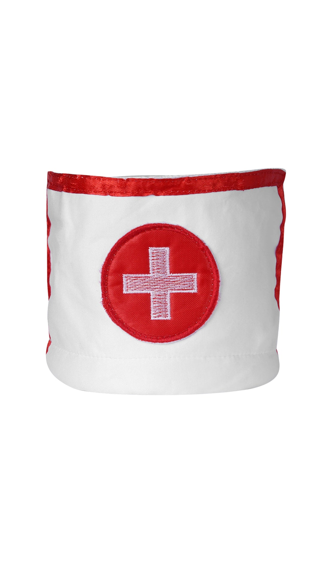White nurse costume armband with red cross patch, flat lay
