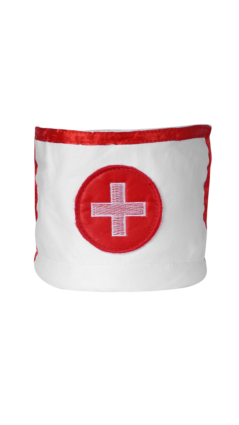White nurse costume armband with red cross patch, flat lay