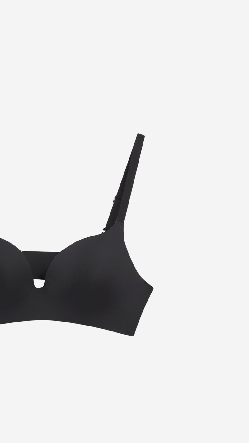 Close-up product shot of black bra strap and cup detail