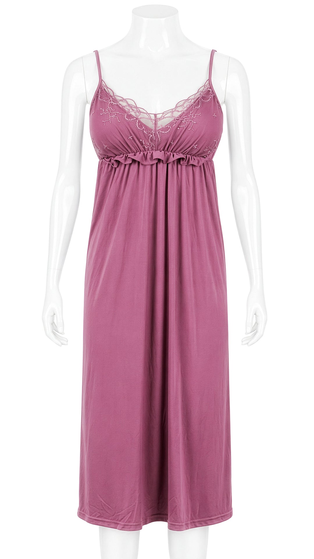 Mauve pink nightdress with lace trim on mannequin, front view