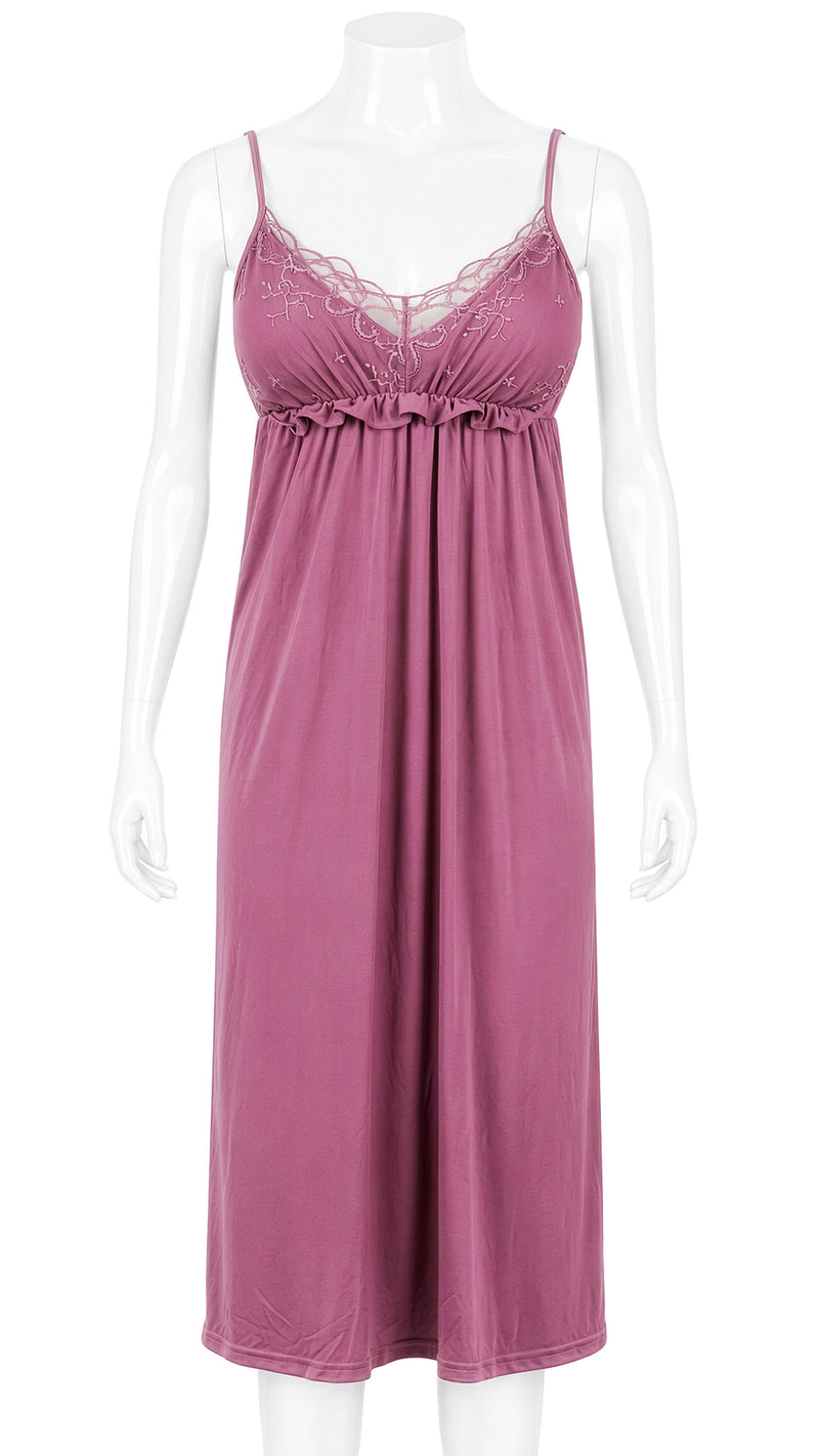 Mauve pink nightdress with lace trim on mannequin, front view