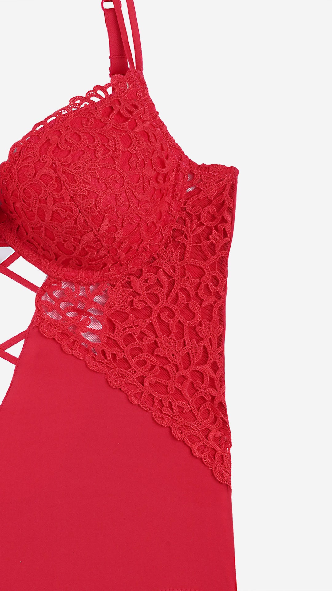 Red Lace Plunge Bodysuit with Strappy Cutout