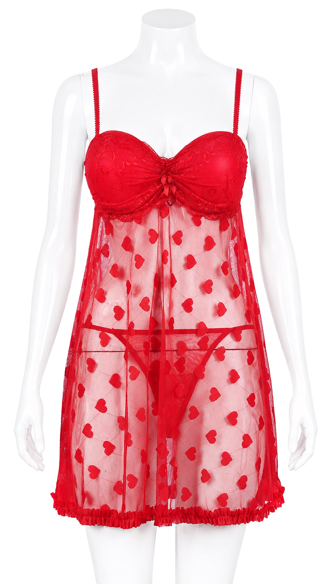 Polka dot mesh babydoll dress on mannequin, front view