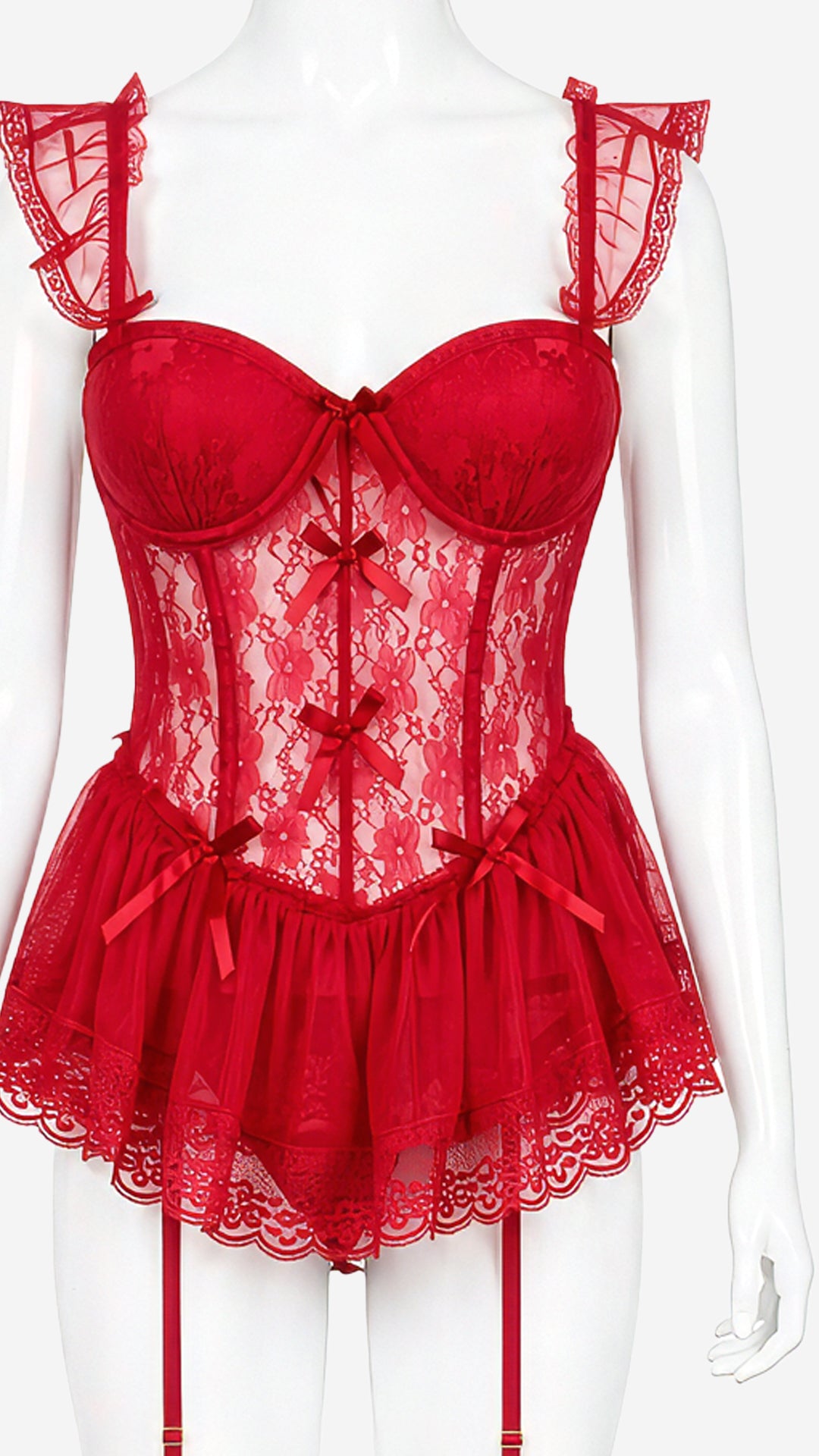Close-up product shot of red lace bustier bodice with bow ties on mannequin
