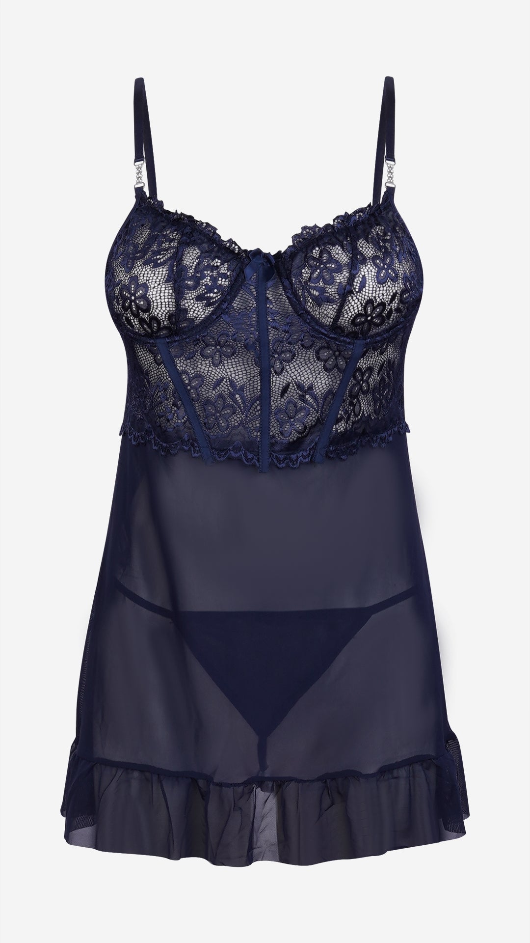 Navy Lace Babydoll & Robe Set with Wired Sheer Cups