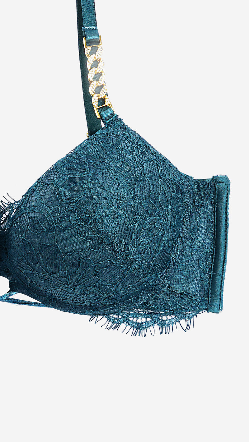 Emerald Lace Push-Up Bra with Chain Straps