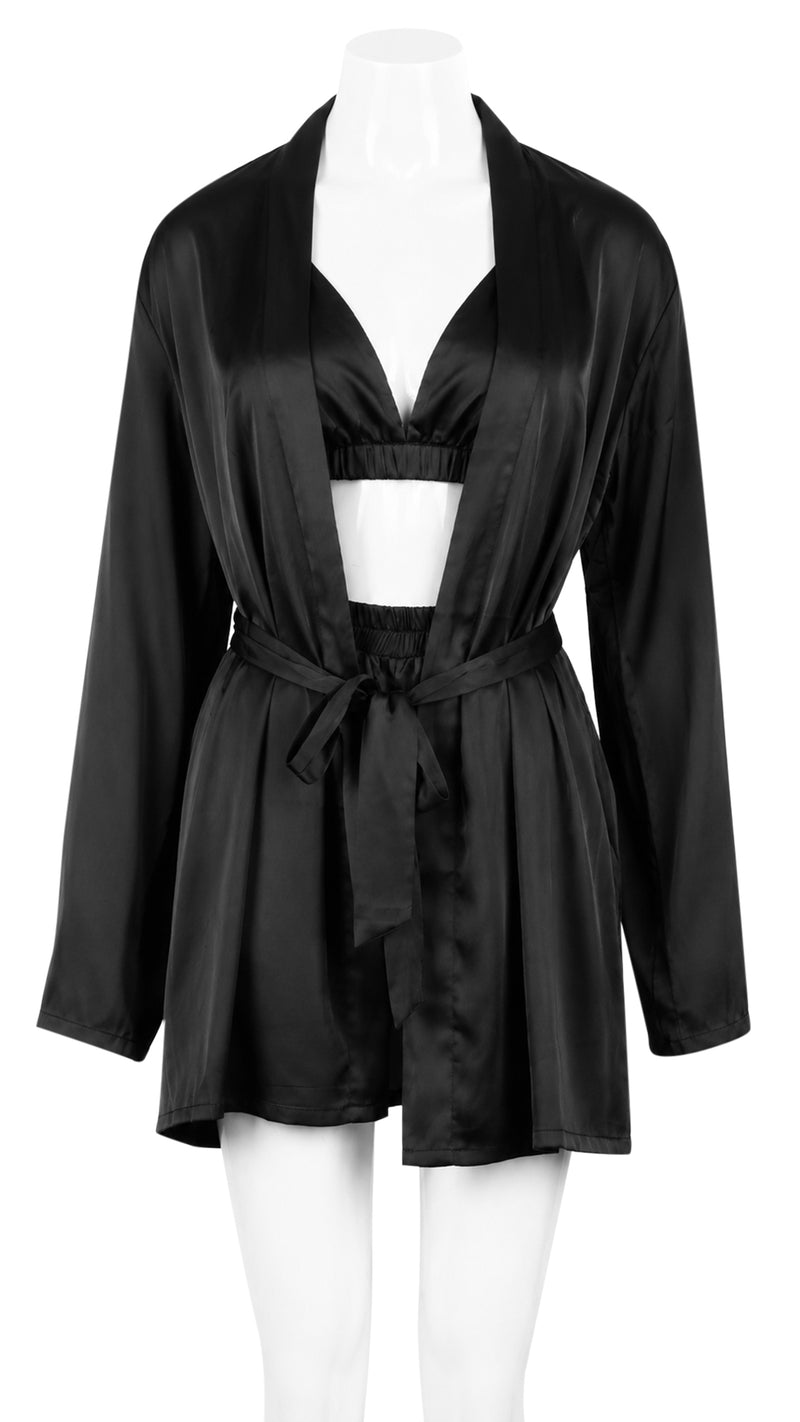 Product shot of black satin robe with tie waist on mannequin