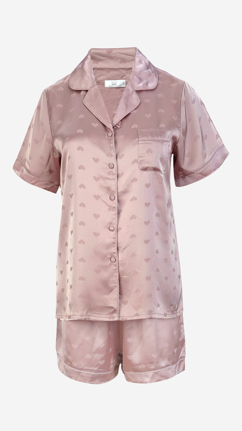 Umber Heart Jacquard Satin Pajama Set — Shirt, Shorts & Pants