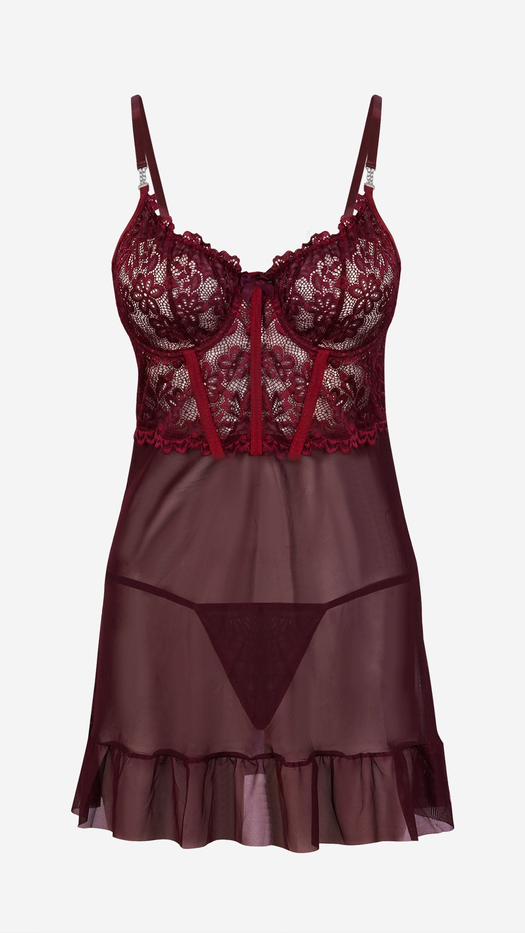 Scarlet Lace Babydoll & Robe Set with Wired Sheer Cups