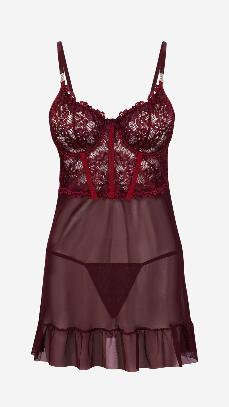 Scarlet Lace Babydoll & Robe Set with Wired Sheer Cups