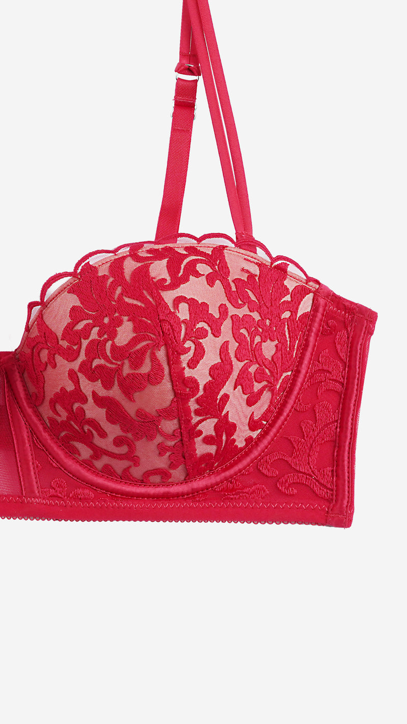 Red Sheer Lace Balconette Bra, Underwired