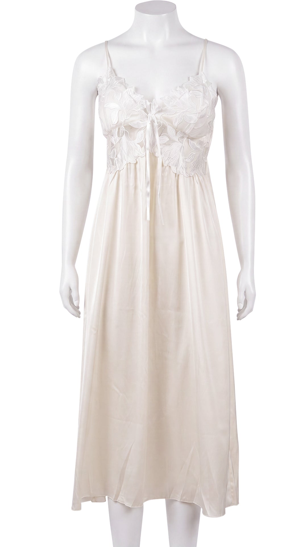 Ivory satin nightgown with floral lace bodice on mannequin, front view