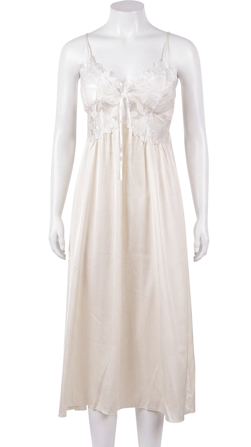 Ivory satin nightgown with floral lace bodice on mannequin, front view