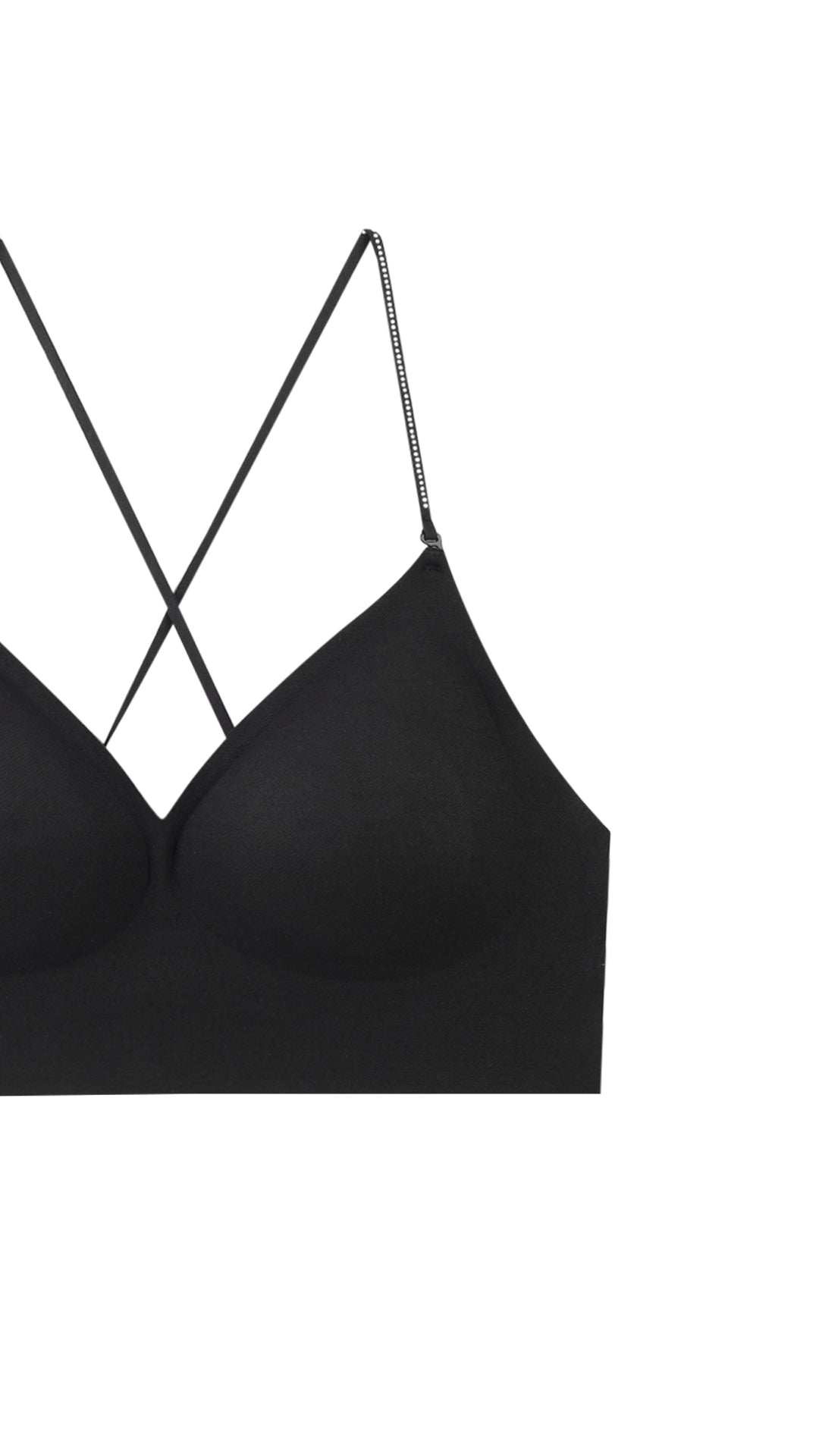 Close-up product shot of bralette strap crossover detail