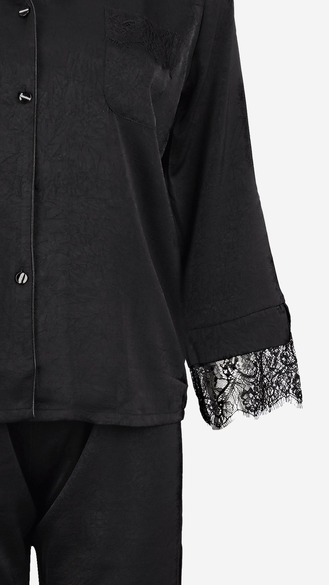 Black Silk Satin Pajama Set I Lace Trim Nightwear