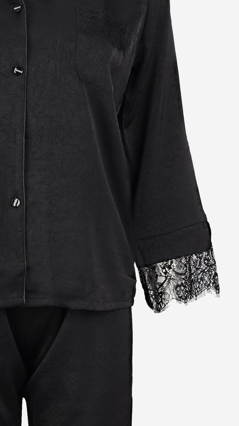 Black Silk Satin Pajama Set I Lace Trim Nightwear