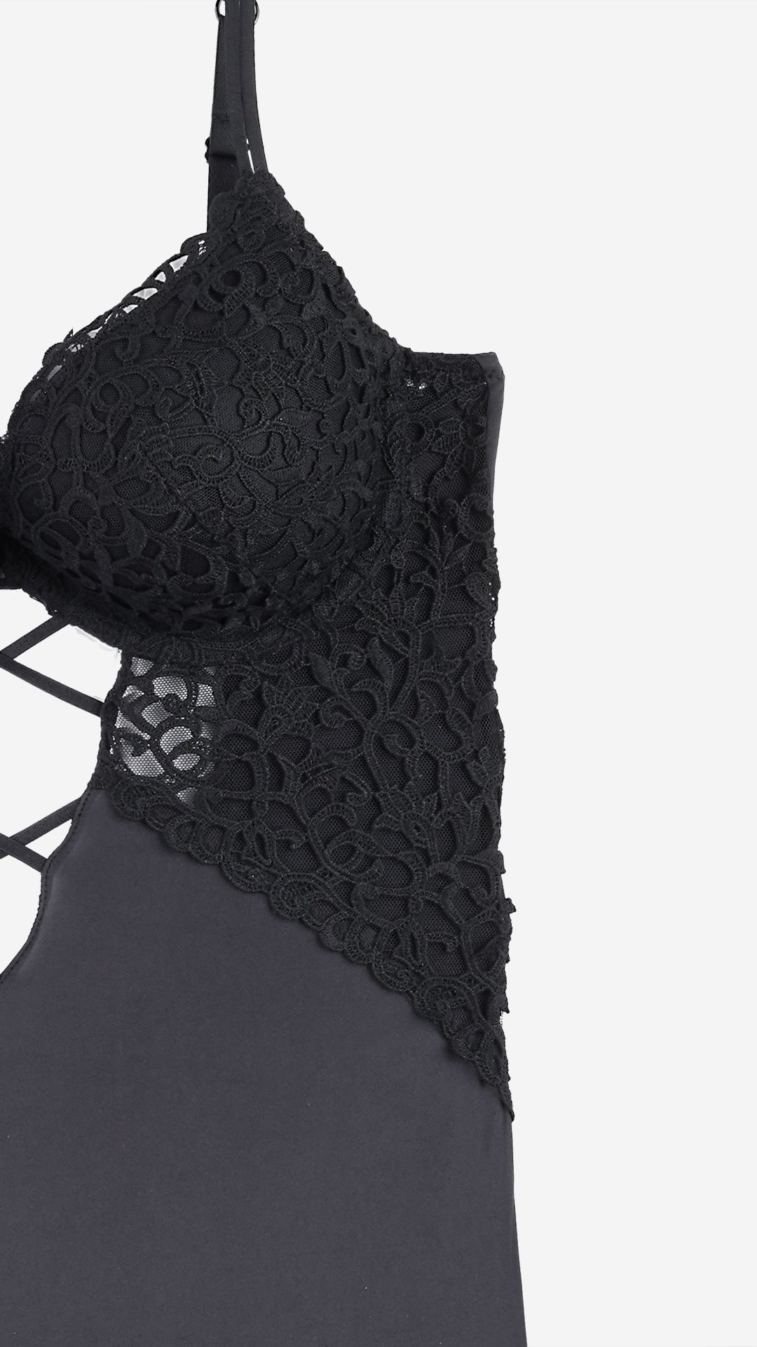 Black Lace Plunge Bodysuit with Strappy Cutout