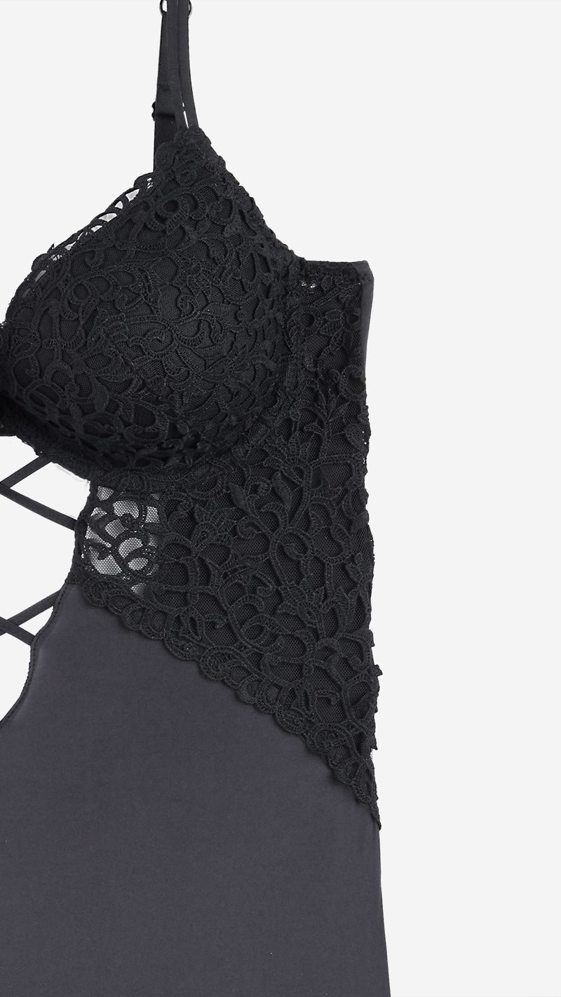 Black Lace Plunge Bodysuit with Strappy Cutout