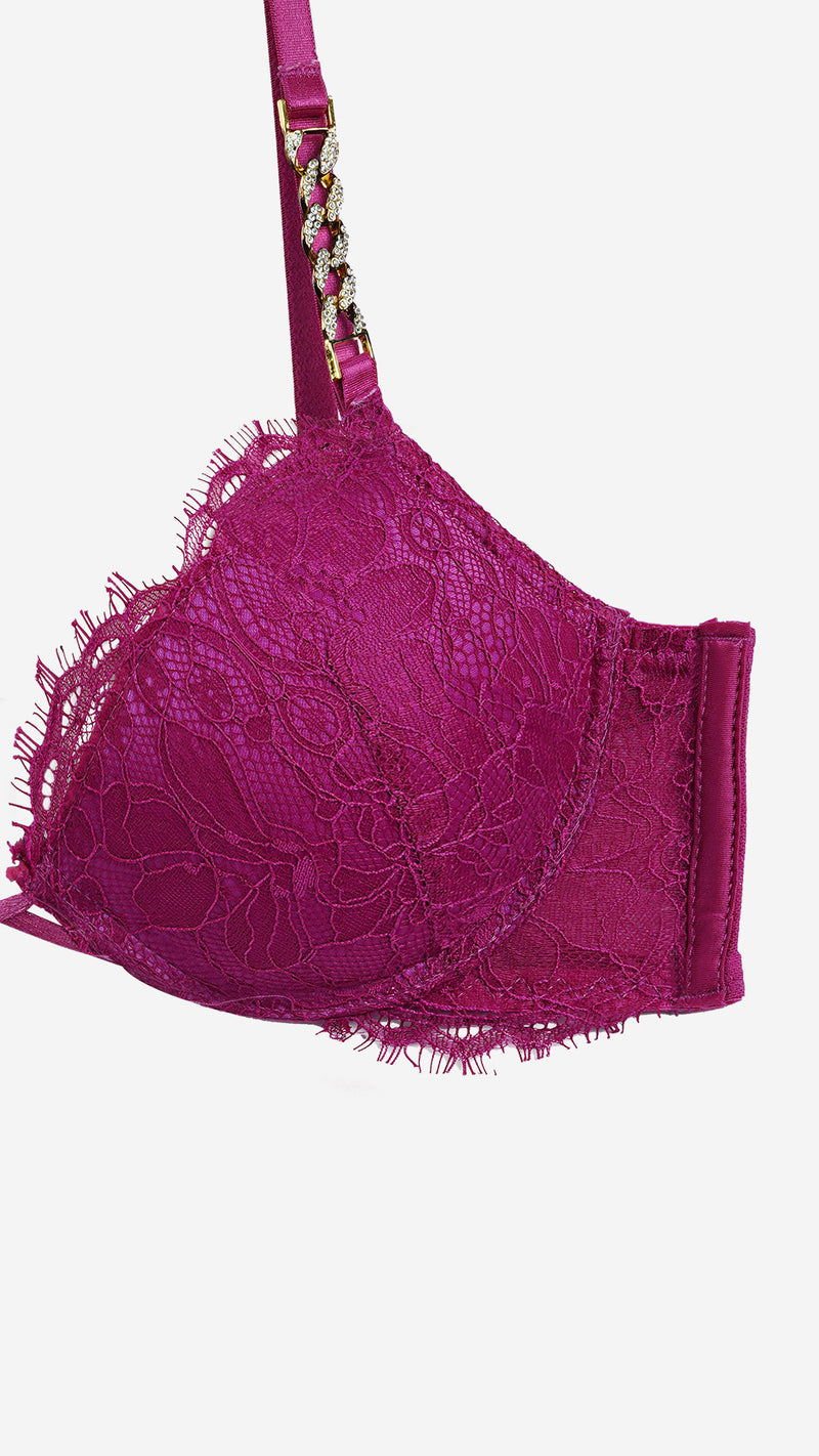 Magenta Lace Push-Up Bra with Chain Straps
