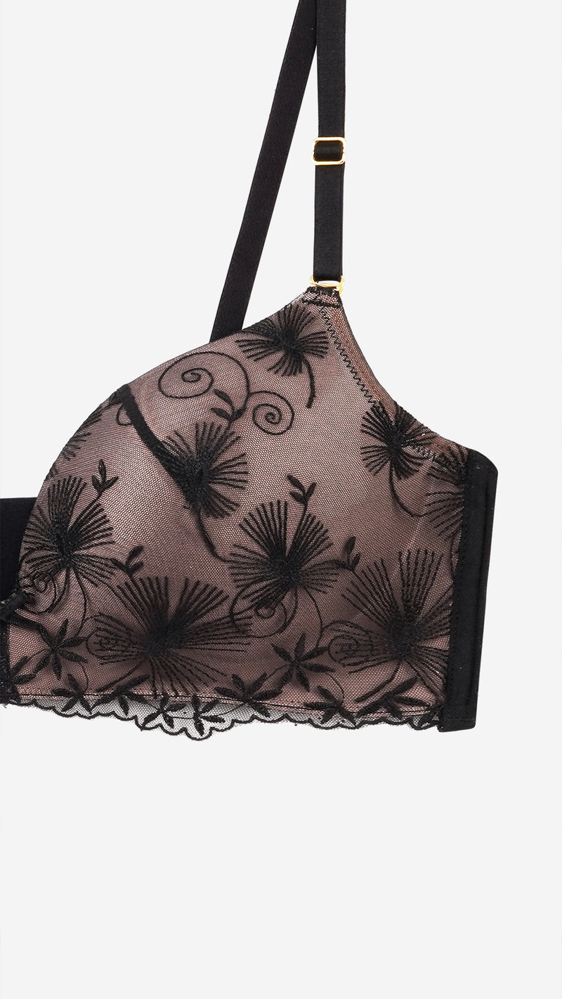 Black Floral Embroidered Wire-Free Plunge Bra