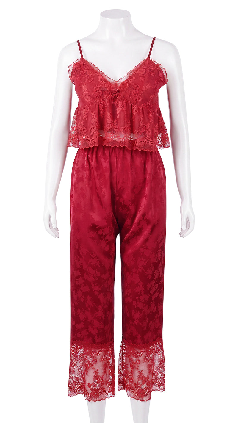 Red lace cami and satin pyjama pants set on mannequin, front view