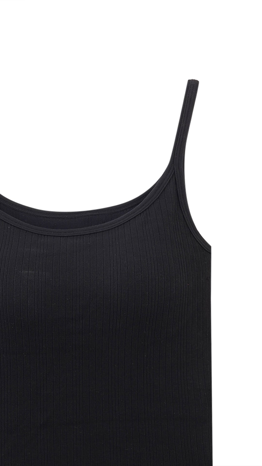 Strap detail of black ribbed cami top