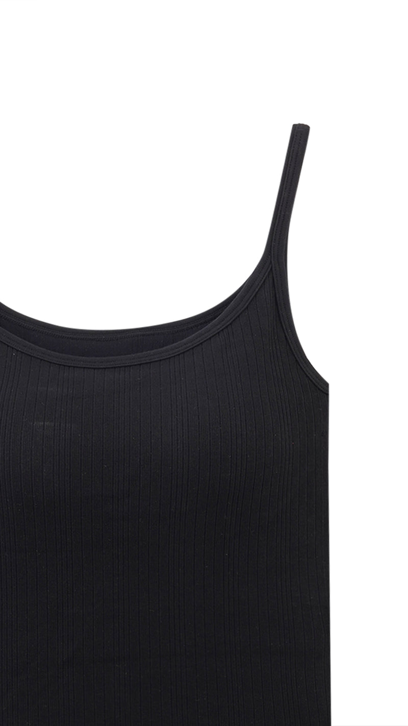 Strap detail of black ribbed cami top