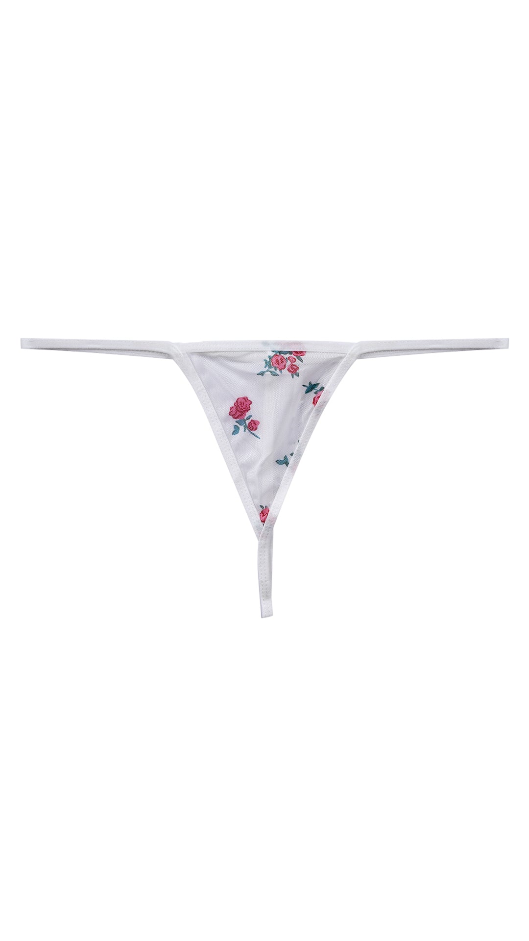 Product shot of white floral mesh thong on white background