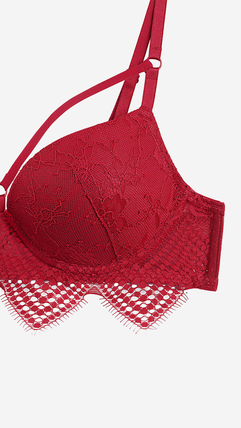 Red Lace Push-Up Bra with Strappy Neckline