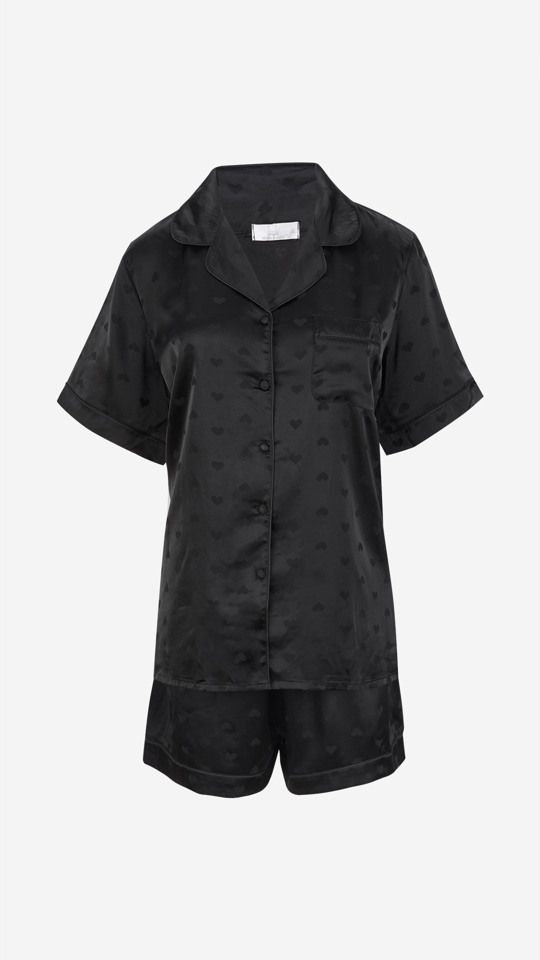 Black Heart Jacquard Satin Pajama Set — Shirt, Shorts & Pants