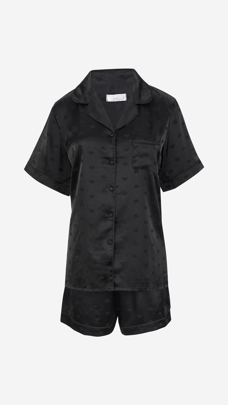 Black Heart Jacquard Satin Pajama Set — Shirt, Shorts & Pants