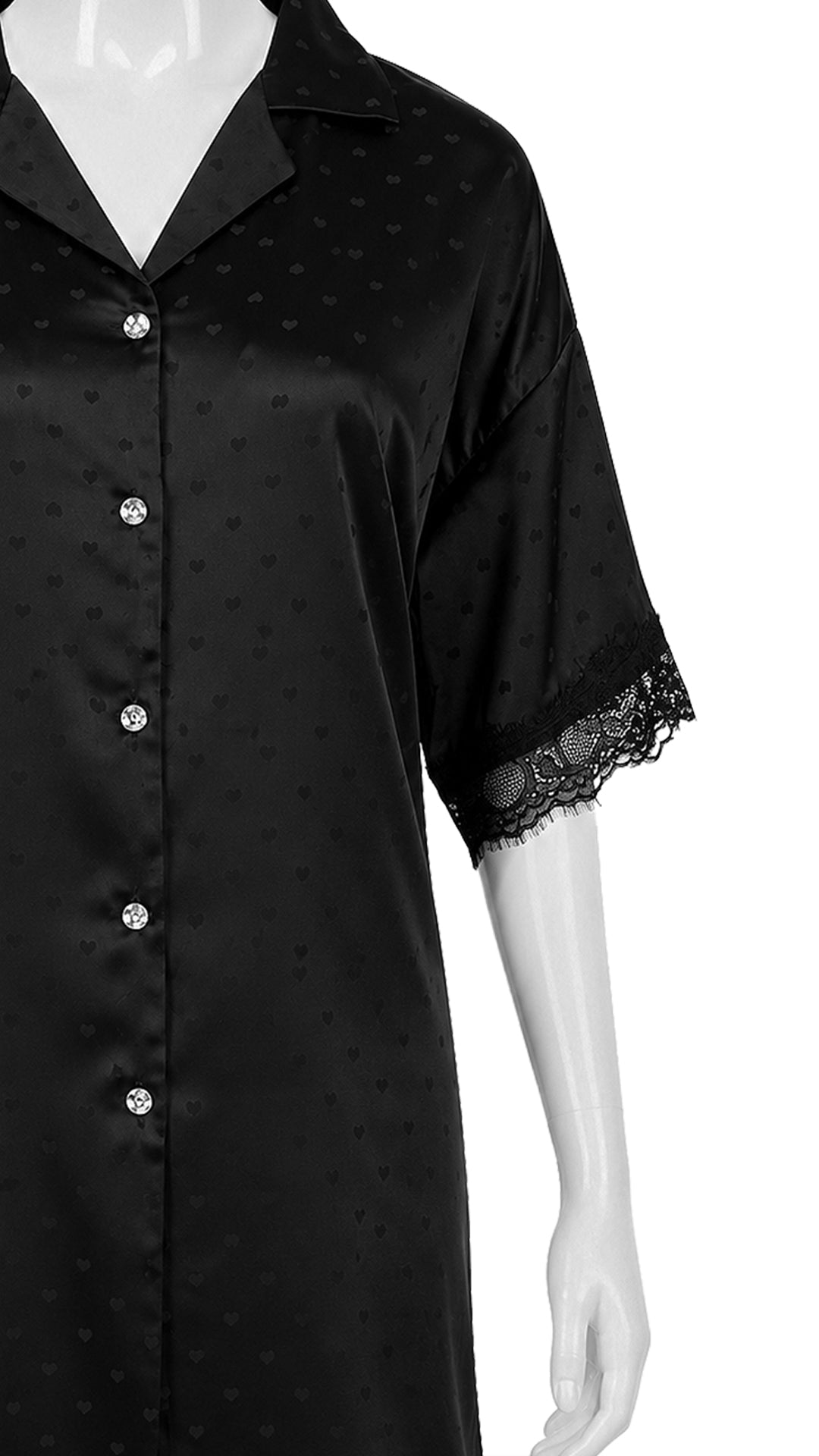 Black satin sleep shirt with lace trim on mannequin, front view