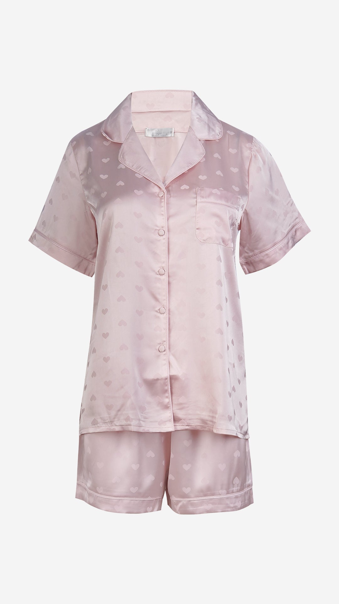 Pink Heart Jacquard Satin Pajama Set — Shirt, Shorts & Pants