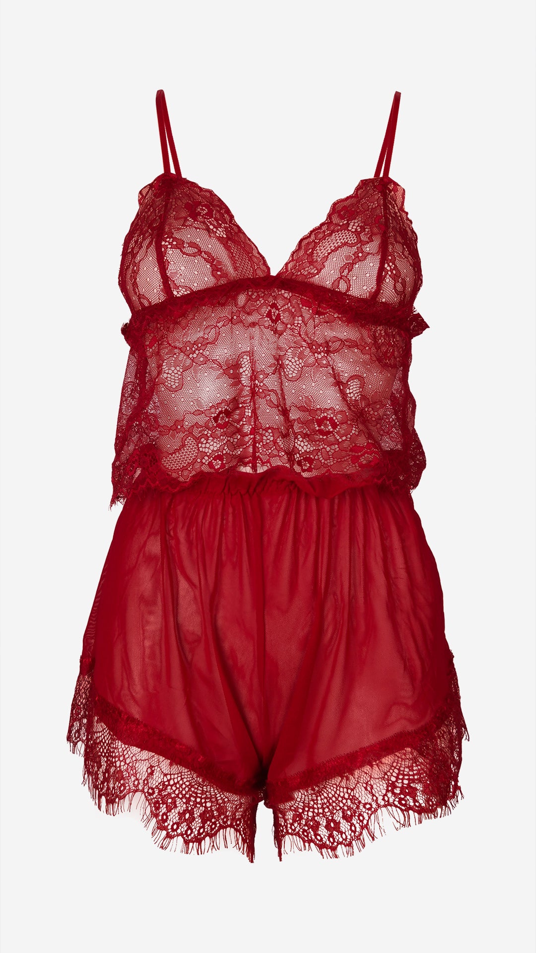 Red Lace Cami, Shorts & Robe 3-Piece Set