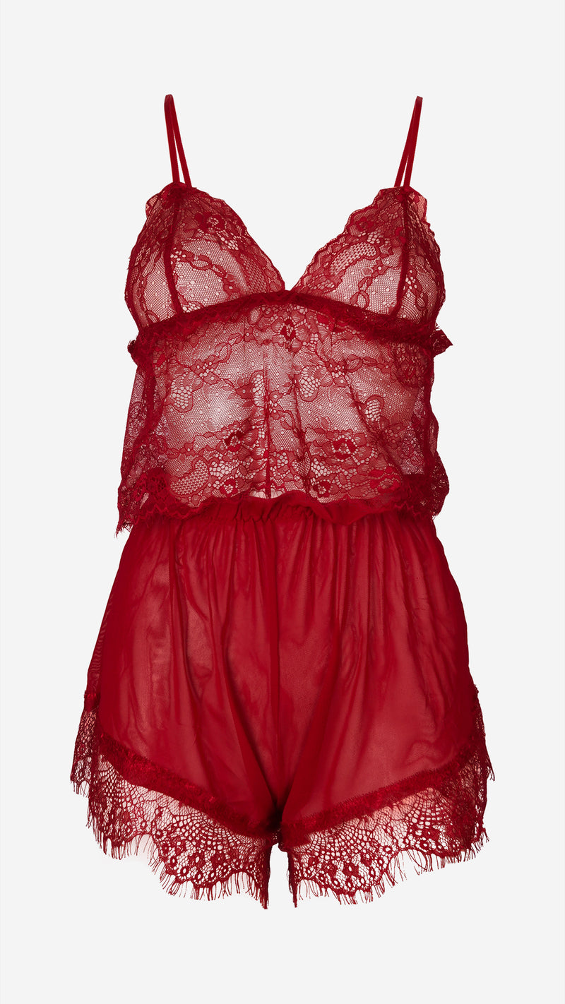 Red Lace Cami, Shorts & Robe 3-Piece Set