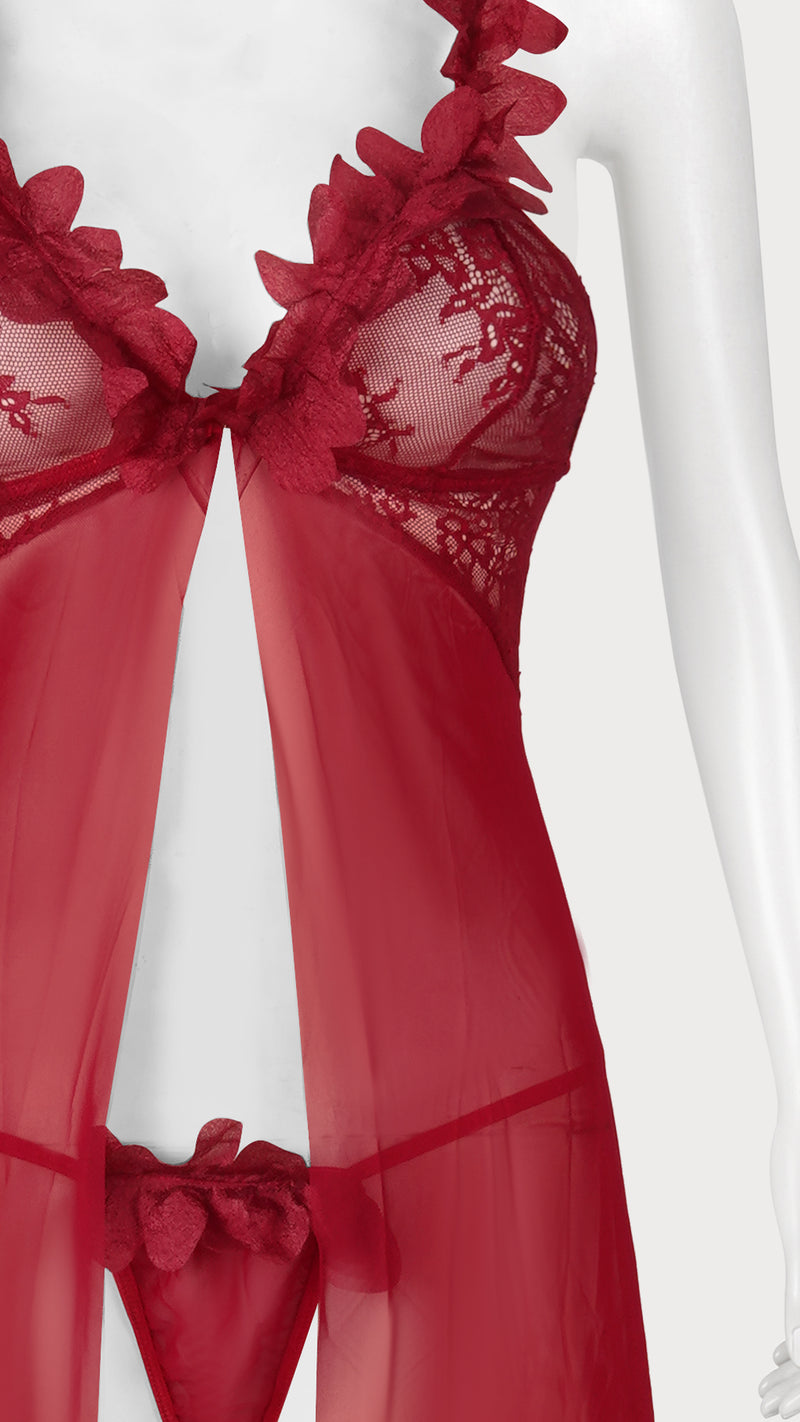 Scarlet Sheer Floral Trim Long Babydoll Gown