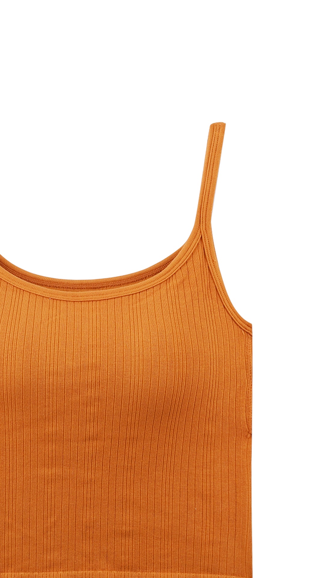 Close-up of rust orange ribbed cami top strap detail