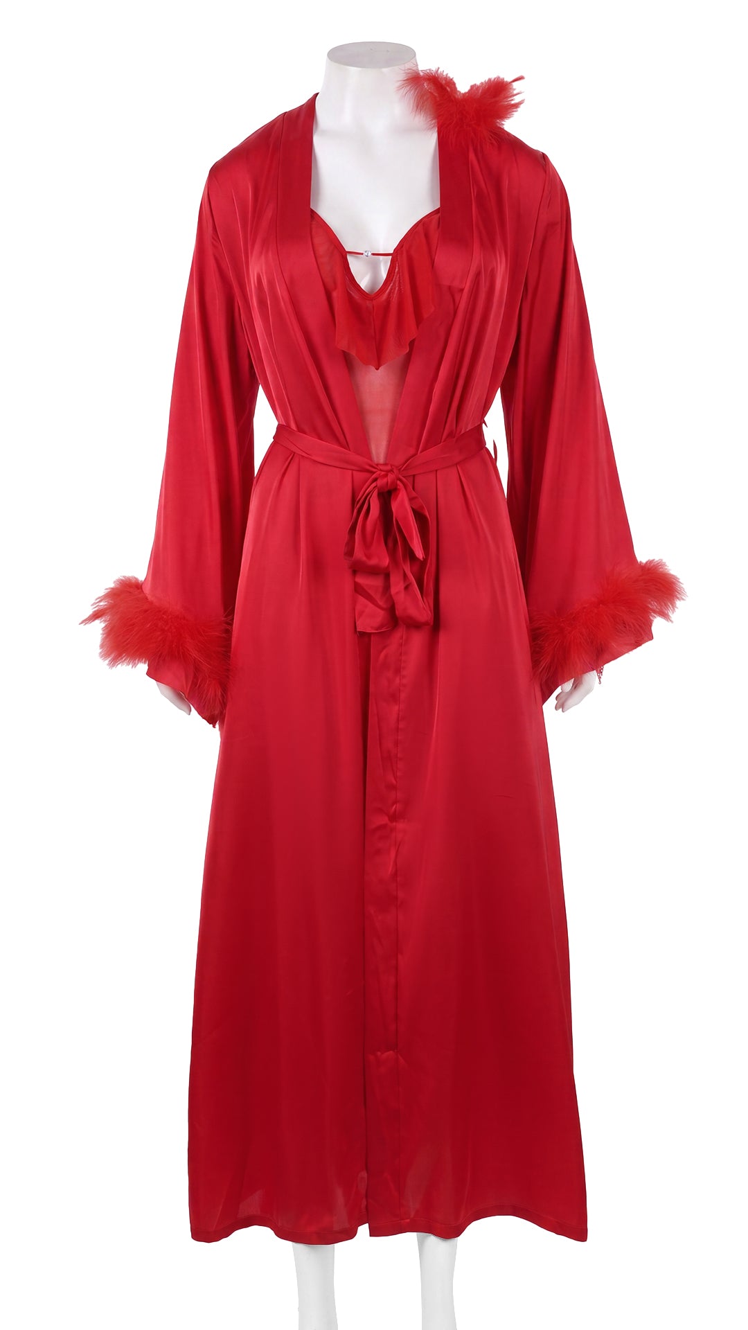 Red ruffled robe with tie belt on mannequin, front view