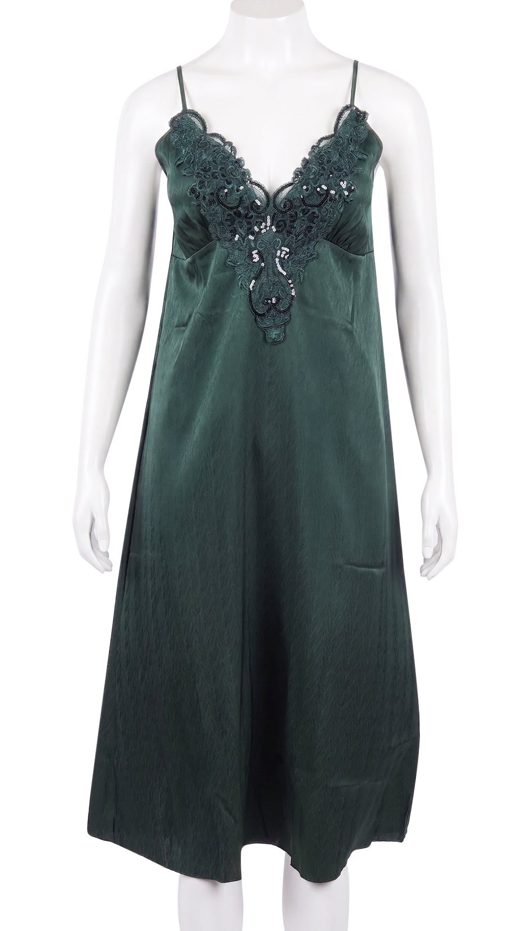 Product shot of dark green satin nightdress with sequin lace neckline on mannequin