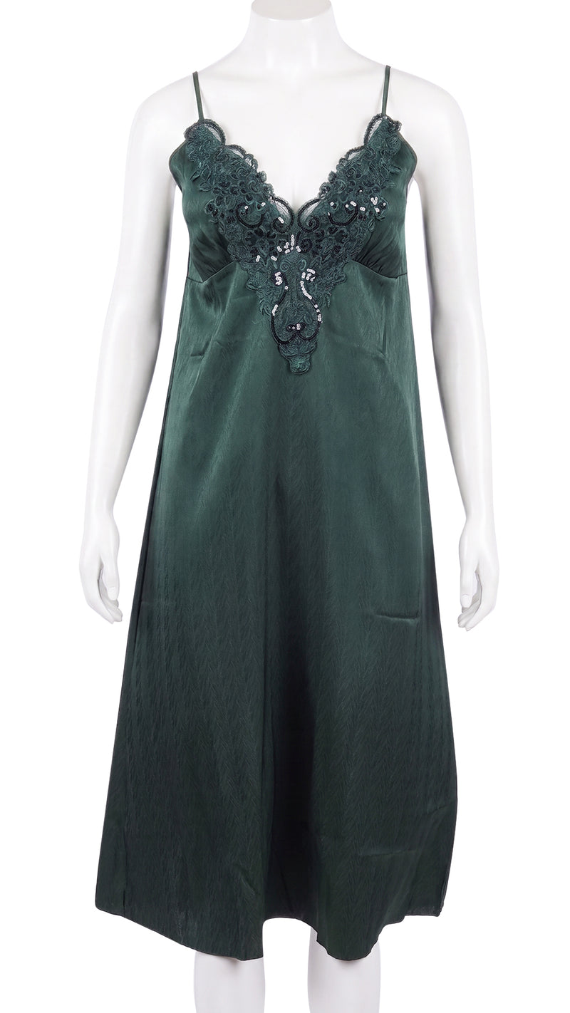 Product shot of dark green satin nightdress with sequin lace neckline on mannequin