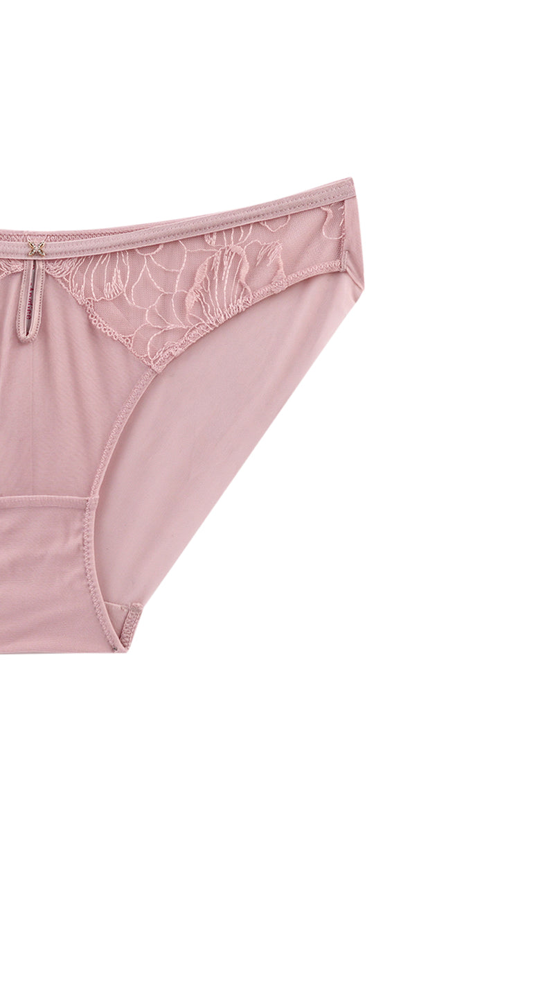 Close-up of pink floral lace brief waistband and keyhole detail on white background