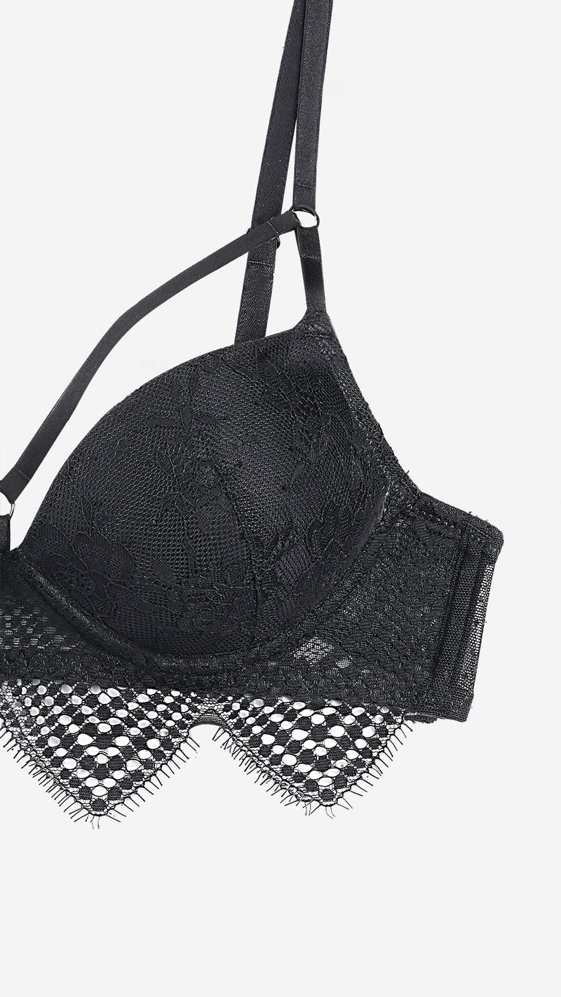Black Lace Push-Up Bra with Strappy Neckline