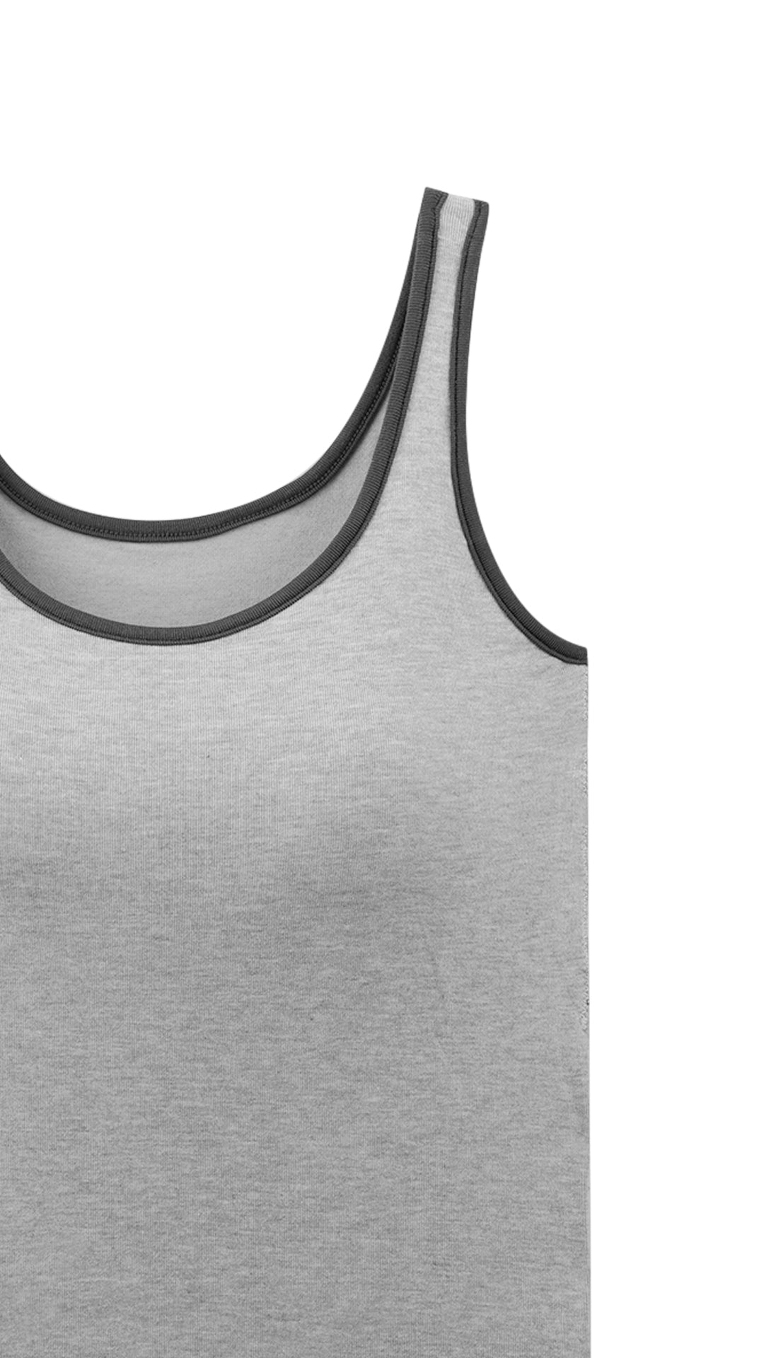 Close-up of contrast trim detail on tank top neckline