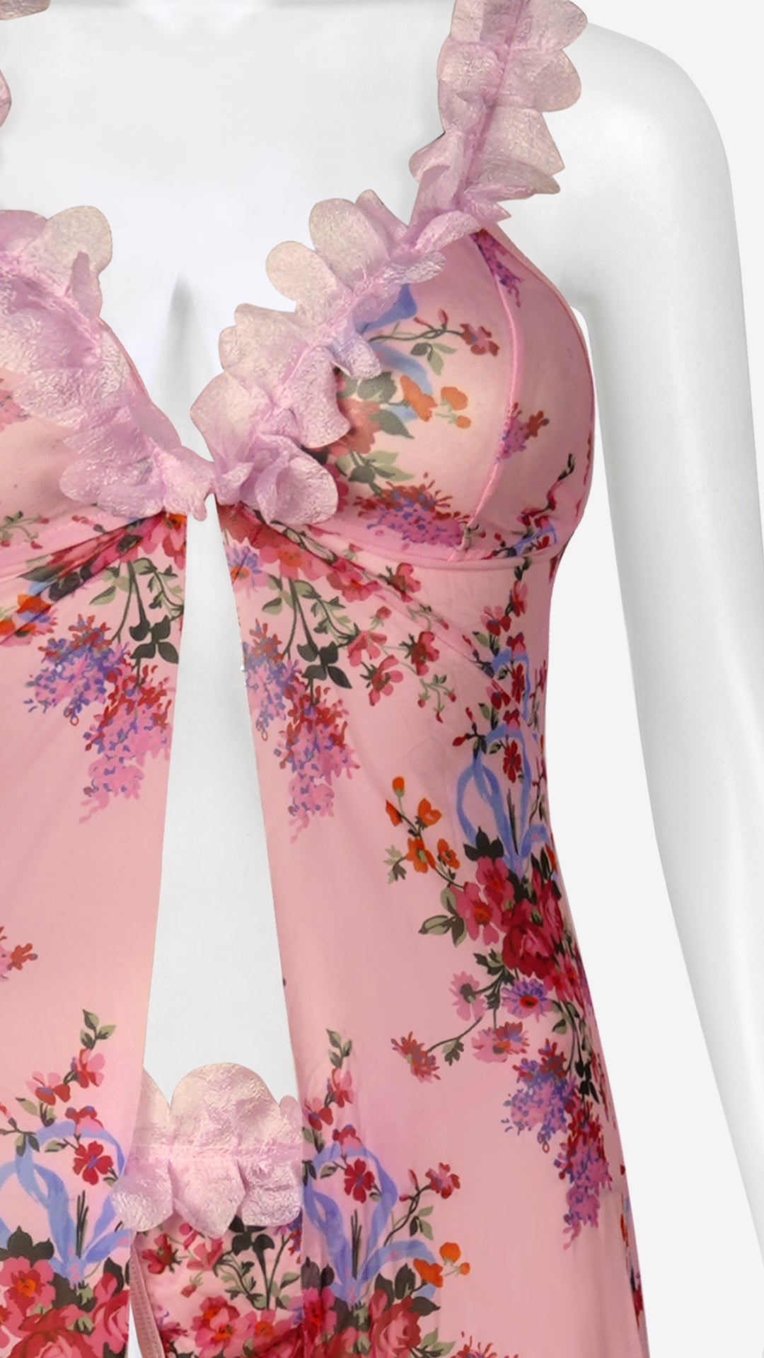 Pine Sheer Floral Trim Long Babydoll Gown