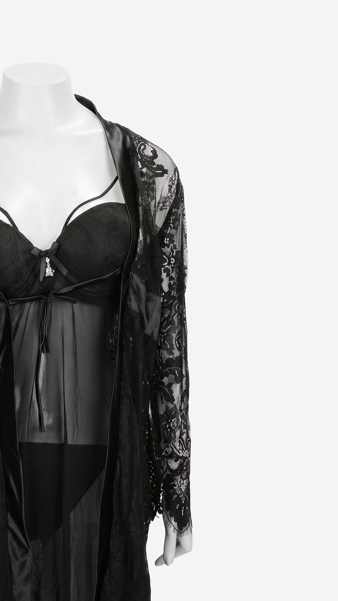 Satin-Trim Lace Robe & Power Net Padded Babydoll Set