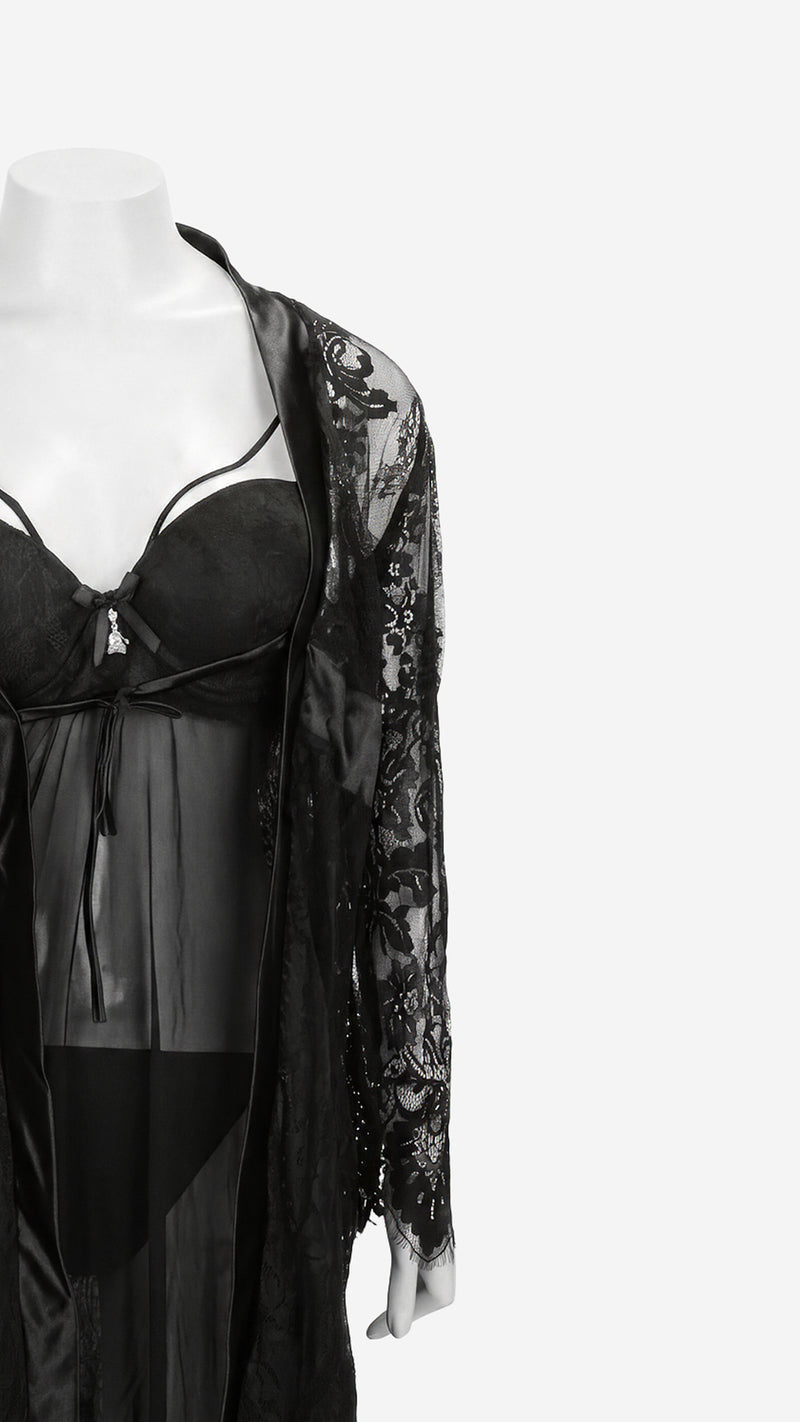 Satin-Trim Lace Robe & Power Net Padded Babydoll Set