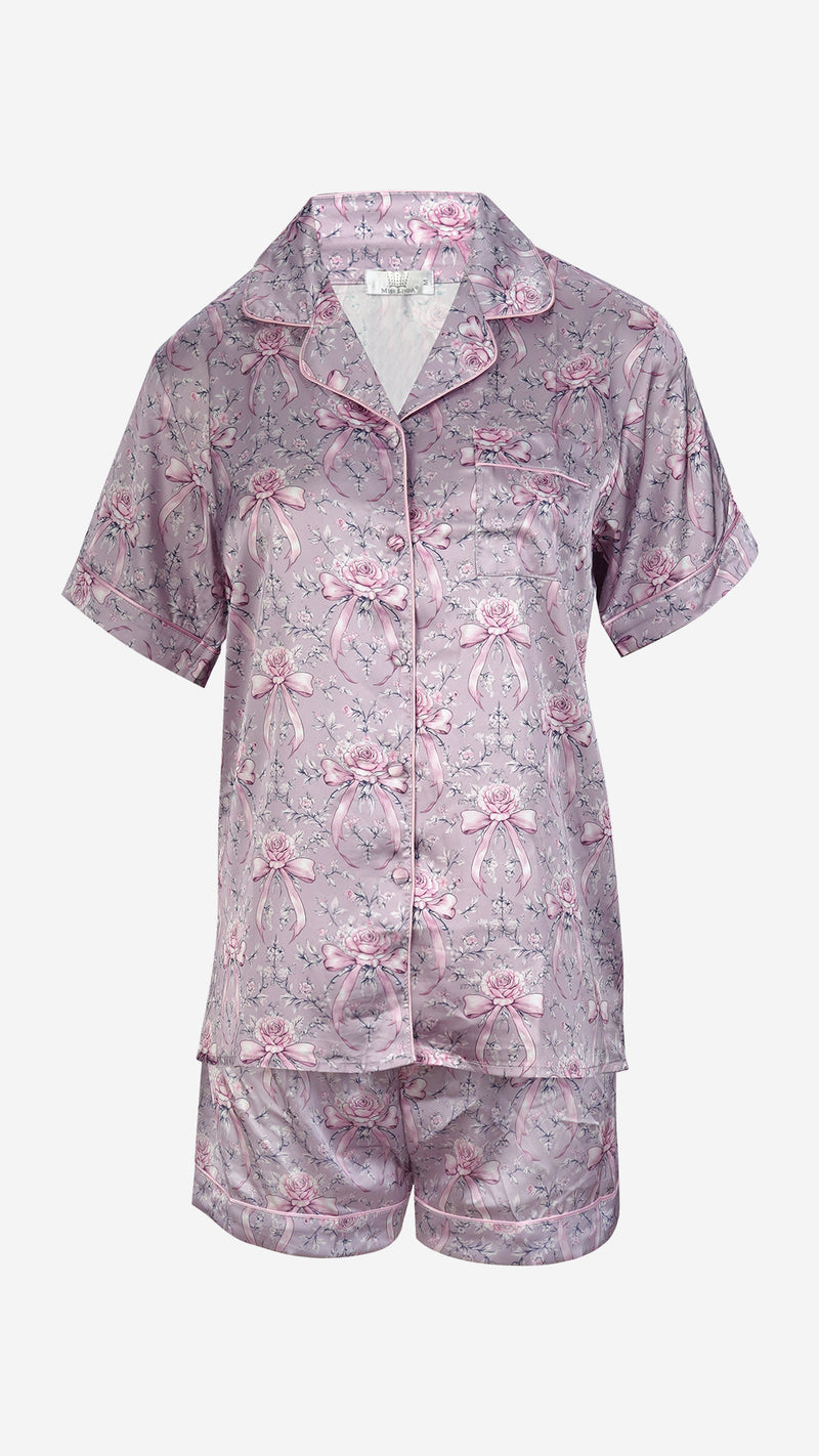Pink Floral Satin Pyjama Set – Shirt, Shorts & Pants
