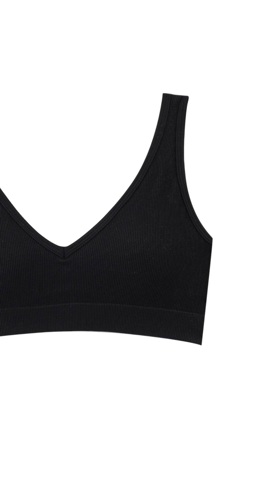 Close-up product shot of black ribbed bra strap and neckline