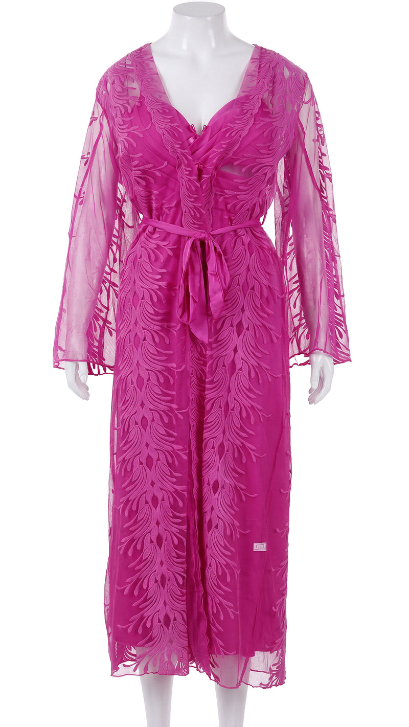 Pink sheer embroidered robe with tie belt on mannequin, front view